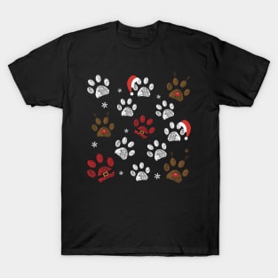 Paw prints with santa claus, deer and red hat T-Shirt